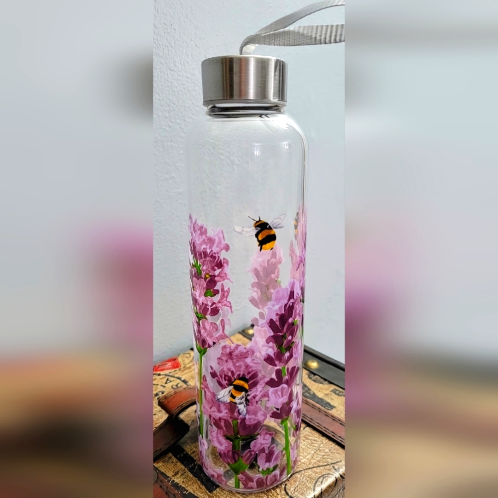Floral Glass Water Bottle with Bees